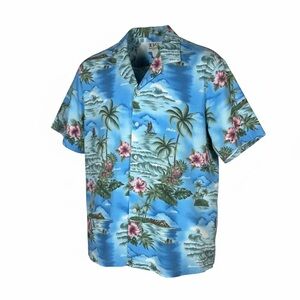 Vintage Hawaiian Shirt Made in Hawaii Scenic Aloha Print Blue XL